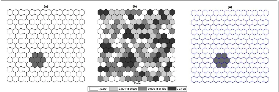 Figure 3 A single circularly shaped true artificial cluster with moderately high relative risk (a), the random generated cases map ofrates (b), and the cluster detected by the circular scan (c).