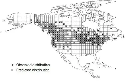 Fig 3 �resolutum  Example of a climate space map showing predicted and observed distribution for Coenagrion (Hagen in Selys, 1876)