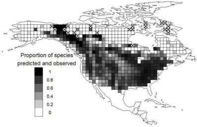 Fig 5 � Geographical variation in the proportion of predicted species observed in each grid cell � a value of "1" suggests that all species that are predicted by climate models have been recorded while a value of "0" suggests that no species that were pred