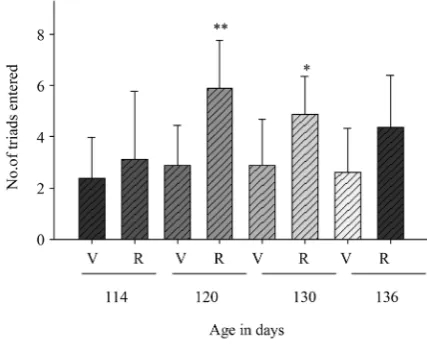 Figure 1. Reserpine increasing cognition in the 5XFAD AD Tg mice. Number of triads entered by V-Vehicle (n = 14) and R-reserpine treated (n = 14) 5XFAD Tg mice at different ages