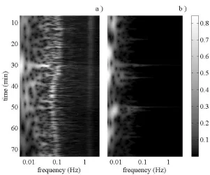 Figure 3. Time-frequency representation of (a) blood ﬂow and (b) temperaturesignals obtained by wavelet transform.