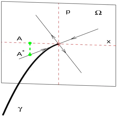 Figure 1. The scheme for one step of the DIMS method, where: Ω is a cross section in the extended phase space; γmomentum space (thickline) is the optimal path predicted by the theory; the thin lines are the stable and unstable eigenspaces (as indicated byt