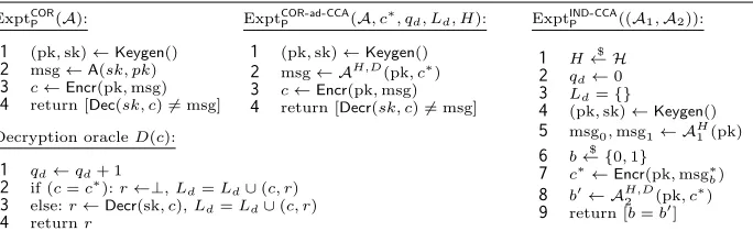 Fig. 3: COR and IND-CCA experiment for any PKE P;COR-ad-CCA experimentfor a (derandomized) PKE P.