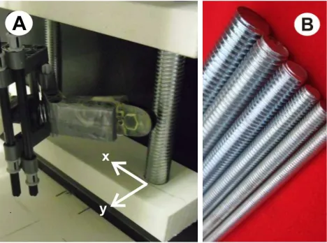 Fig. 1.(A) The iCub ﬁngertip sensor is mounted as an end-effector to anxy-table robot, which can move the ﬁnger accurately in a horizontal plane.(B) Close-up of the tactile stimuli (threaded steel rods with diameters from4 mm to 12 mm; ﬁve were used, spaced every 2 mm in diameter).