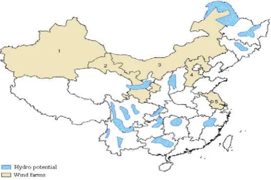 Figure 3: The distribution of hydropower potential and the locations of wind farms in China 