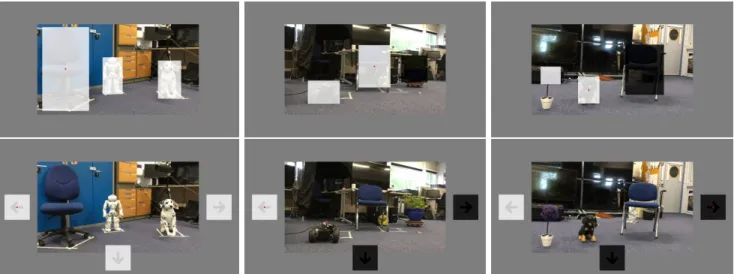 Fig. 2: Variable SSVEP stimuli based on object detection flickering (top row) to navigate the robot towards the object and navigational arrow flickering (bottom row) to move the robot facing a new environmental scene.
