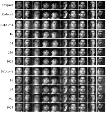 Fig. 1. Face reconstruction based on PCA and KHA using a Gaussian kernel withσ = 1 for varying numbers of PCs