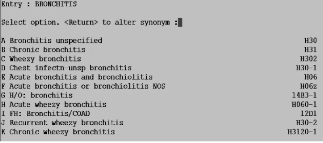 Figure 1 Examples of where there is potential for confuseddata entry: it is not obvious that H06 shouldbe usedfor acute bronchitis andH3 for COPD