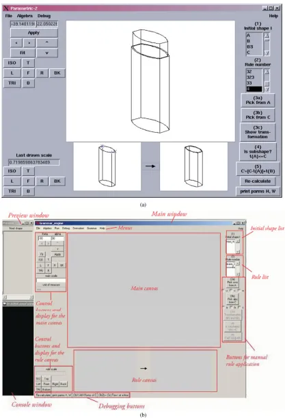 Fig. 3. The three-dimensional shape grammar interpreter (a) as a screenshot from a 3-D interpreter and (b) as an annotated screenshot from(Gero, J.S., Ed.), pp