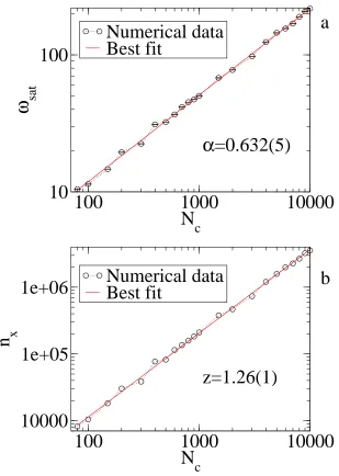 Figure 6. (a) Roughness saturationz ωsat and (b) crossover iteration number nx asfunctions of the control parameter Nc