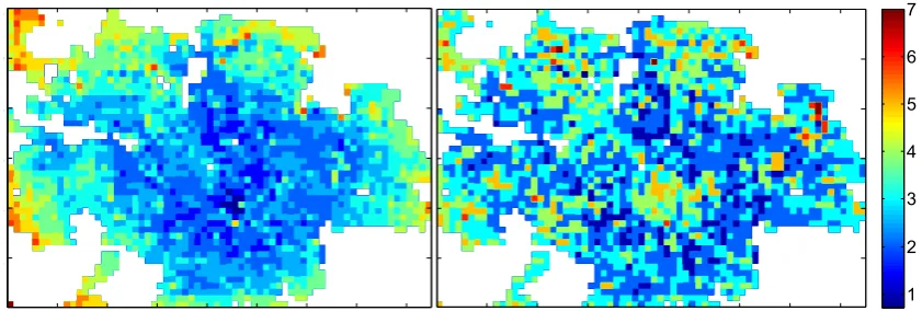 Figure 5:  Predicted wind speeds over Leeds (ms-1) at 10m above the local mean building heights (left) and at the maximum local building height (right) 