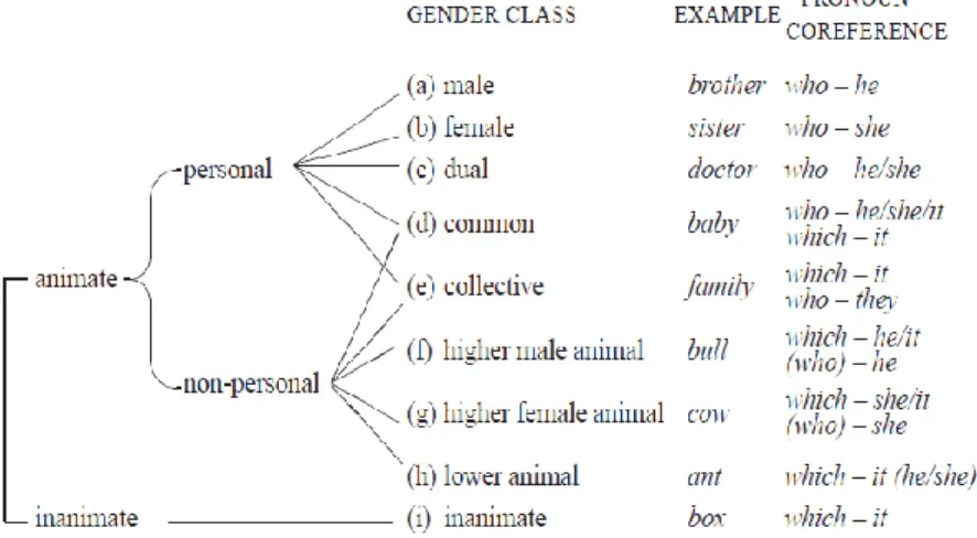 Figure 2: Gender system according to Quirk (Quirk et al. 1985: 314)  A  very  similar  classification  of  nouns  referring  to  animals  is  presented  in  Greenbaum, S