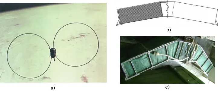 Fig. 1. Transformable space structure: a) spacecraft with two closed load-bearing framework;  b) the load-bearing framework put into the container; c) external view of the container