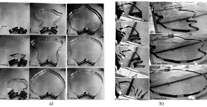 Fig. 2. On-earth experimental tests on the adjustment of the framework unfolding: a) on a flat surface; b) in a pool 