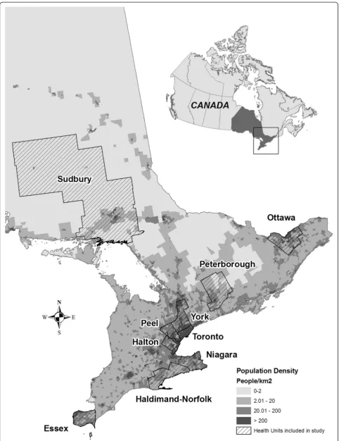 Figure 1 Population density map of Ontario illustrating public health jurisdictions included in this study.