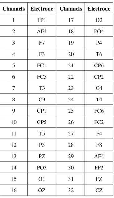 Table 3.1: 10-20 system electrodes used in experiments