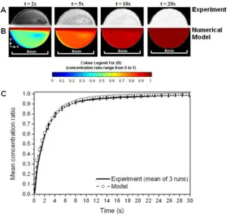 Figure 4. Performance of the circular flow cell when the flow rate was 10 mL/min:  concentration, ((A) processed experimental images, where black is low concentration and white is high B) predicted concentration maps, and (C) Mean concentration ratio withi