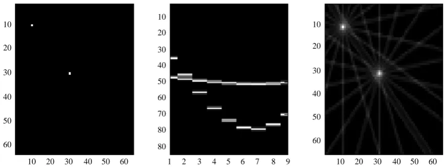 Figure 5.  the object (Example of sinogram presentation. Left is the original object with two non-zero points