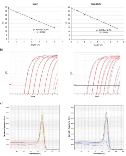 Figure 2. a) Calibration curves used for the quantification of P. larvae spores in honey and hive debris by the qPCR test with primers PLAup/PLAdw: Ct values, defined on the automatic threshold, are the average of those from three replicate reactions; b) c
