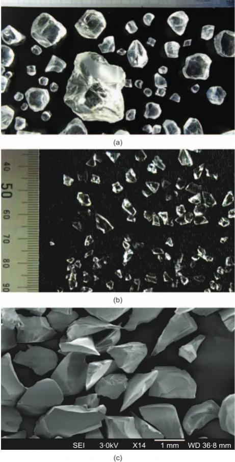 Figure 5. Glass particles used as transparent solid. Coarse grains(top panel); fine particles smaller than 4 mm (middle); SEM imageof 600 mm particles at 146 magnification (bottom)