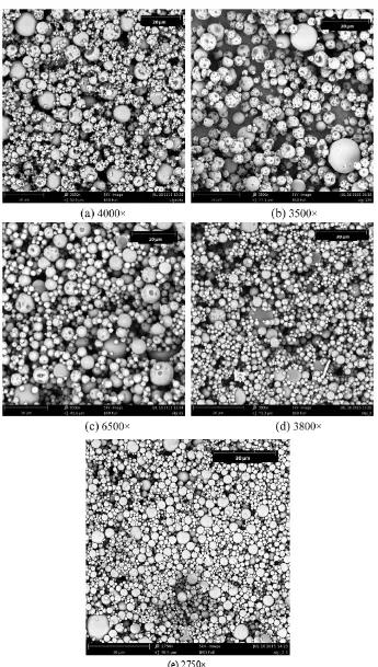 Figure 2. SEM photographs of L-ascorbic microcapsules: (a) Experiment 1; (b) Experiment 2; (c) Experiment 3; (d) Experiment 4; (e) Experiment 5