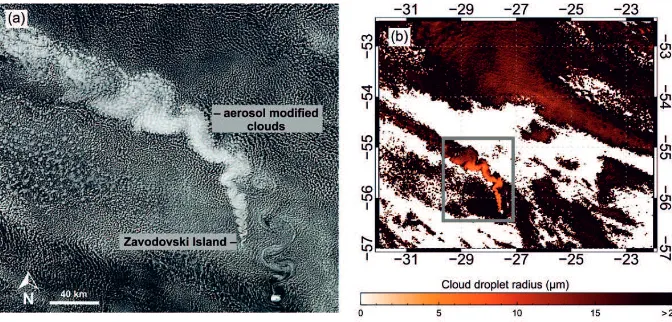Fig. 1. Satellite retrievals showing that volcanic emissions from Mount Curry volcano on Zavodovski Island (South Sandwich Islands in theeffective radius at the top of the clouds calculated from MODIS data