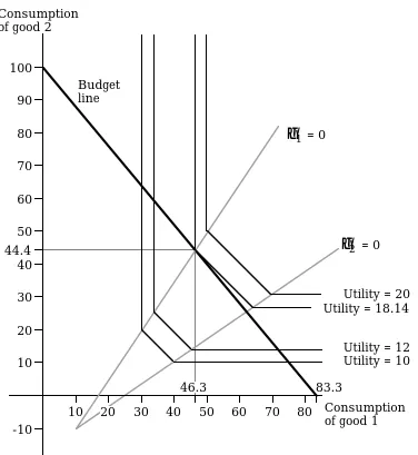 Figure E5.4  Indifference map and budget line for theconsumer in model (E5.1) - (E5.4), assuming (E5.8) and (E5.10)- (E5.12)
