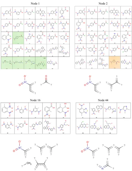 Figure 9. The JEPs and support sets for four root nodes that describe aromatic nitro compounds