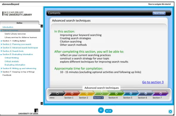 Figure 1: Screen shot of the contents page within the tutorial, including the permanent 