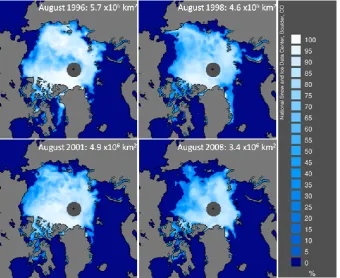 Fig. 3. Mean August sea-ice cover fraction forthe top right of each panel indicate the total sea-ice area, excluding the area around the pole which is not covered by the satellite sensor
