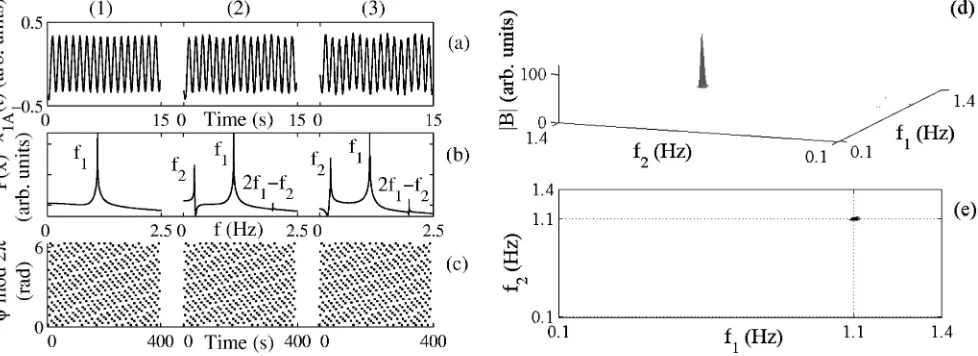 FIG. 2. Results in the absence of noise. ��three different coupling strengths:ﬁrst 15 s are shown in each case.overlapping, and the Blackman window to reduce leakage and1.1 Hz