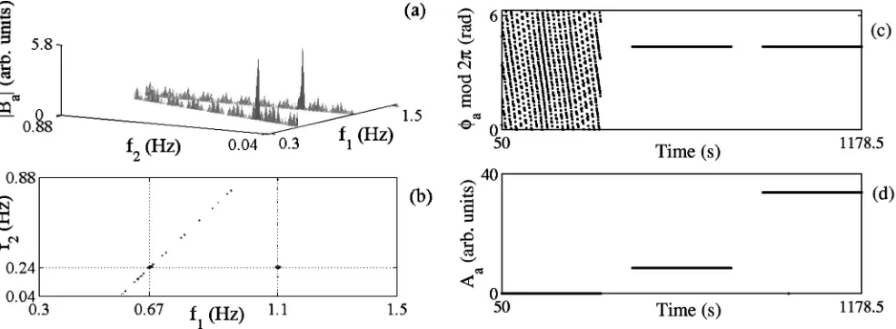 FIG. 3. �window and�biamplitude1.1 Hz,1.1 Hz,1.1 Hza� Adapted bispectrum �Ba�, calculated from the test signal x1A using K�34 segments, 80% overlapping, and the Blackman �b� its contour view