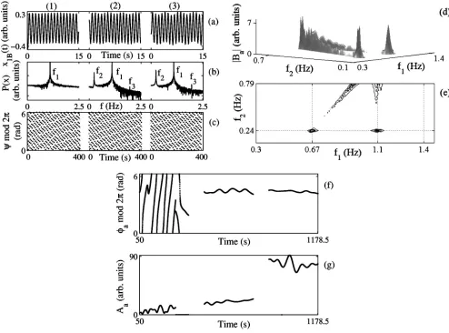 FIG. 4. Results in the presence of additive Gaussian noise. �meaningless.coupled with three different coupling strengths;frequency�ff s 1��33 segments, 66% overlapping, and the Blackman window anda� Test signal x1B , variable x1 of the ﬁrst oscillator with