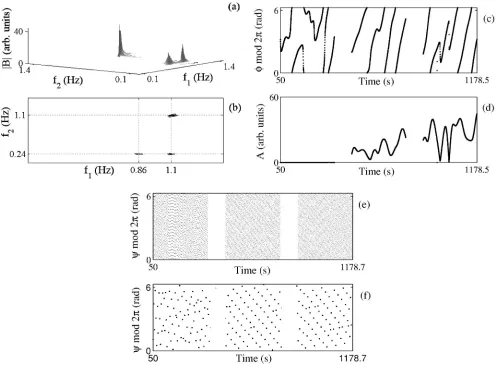 FIG. 5. Bispectrum �Blackman window to reduce leakage anda 0.3-s time step and a 100-s-long window for estimating the DFTs using a Blackman window.time step 1/characteristic frequency componentB�, calculated from the signal x1B presented in Fig