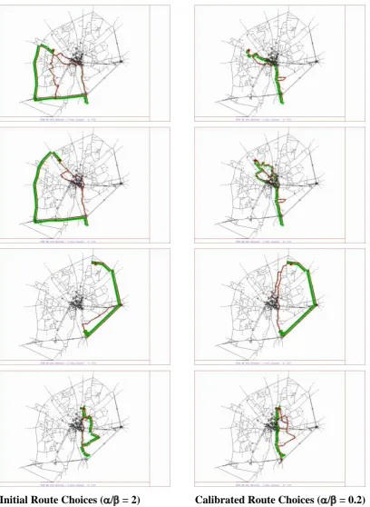 Figure 7: Comparison of selected initial and ‘calibrated’ route choices based on network equilibrium model for Fishergate base scenario 