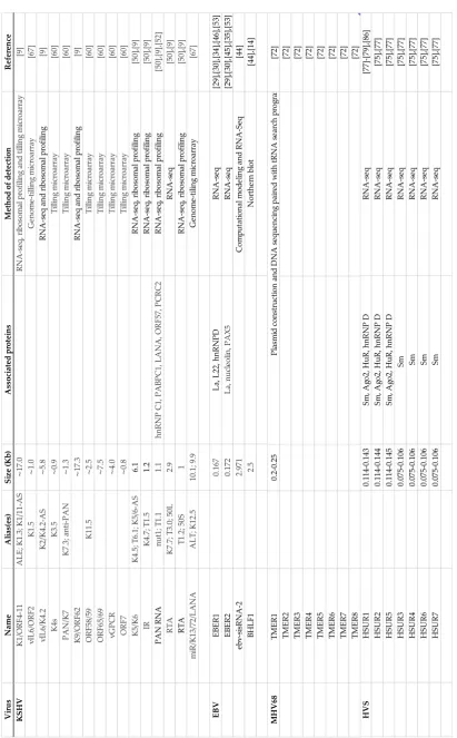 Table 1. LncRNAs in gammaherpesvirus. The table includes: aliases ascribed to the aforementioned lncRNAs, the molecular size expressed in kilobases, proteins associated with lncRNAs, the detection method and the original references