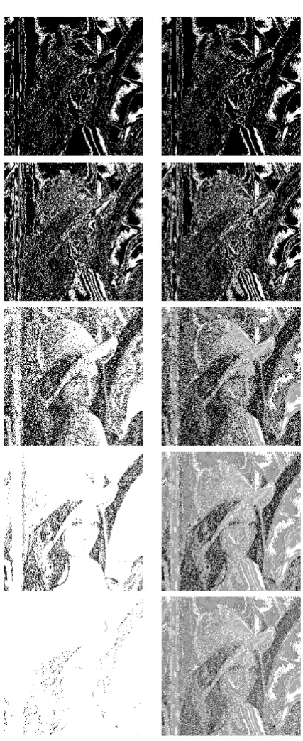 Fig. 6 LL subband coeﬃcients’ suitability maps (left column) and cumulative maps (right column) for non-blind extraction for quality layers corresponding to discarding of N = 6, 5, 4, 3, 2 bit planes (from top rowto bottom row, respectively)