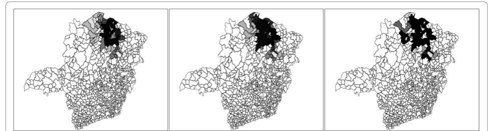 Figure 12 Gray scale maps for the observed non dominated solutions obtained by MGC, MNC and MDN algorithms, from left to right,respectively.