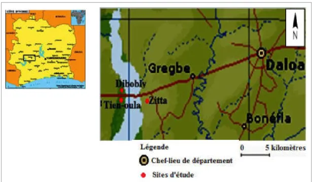 Fig. 1.   Localisation des sites de relevés dans la région de Daloa, Centre-Ouest de la Côte d’ivoire 