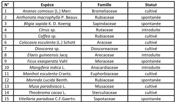 Tableau 1.  Liste des espèces des plantations de cacaoyer de la région de Daloa 