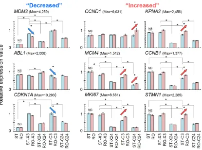 Figure 3. Comparison of relative expression value changes of nine cell cycle-related genes screened via Step 3 and Step 4 in Figure 2A; maximum values of each gene are shown here