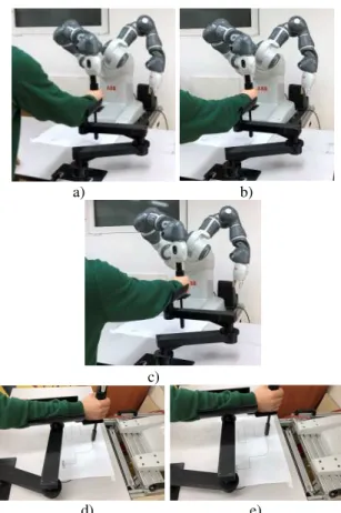 Fig. 3. Testing layout of the robotic system for upper  limb rehabilitation     a)                            b)        c)  d)             e) 