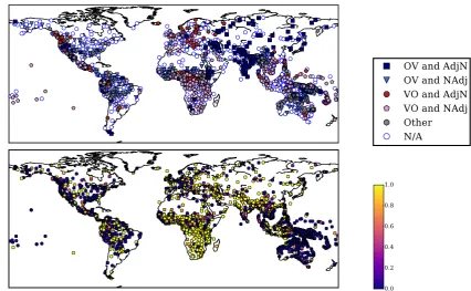 Figure 5: A comparison of a surface feature and a latent parameter in terms of geographical distribution.Each point denotes a language