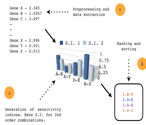 Fig. 1 Schematic view of the pipeline. Execution begins withpreprocessing and extraction of data, followed by generation ofsensitivity indices and culminating in ranking and sorting of the indicesand the associated combinations