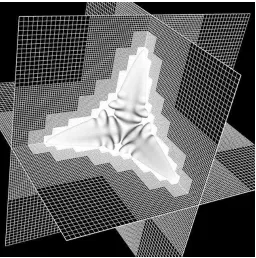 Figure 2: snapshot of the same solution as in Fig. 1, showing the adapted grid as wellas the φ = 0.0 isosurface