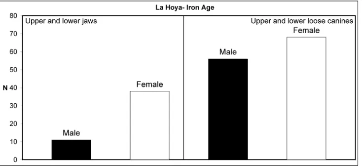 Figure 10.4: Numbers of sexed jaws (left side) and sexed loose canines (right side) for Iron Age La Hoya.