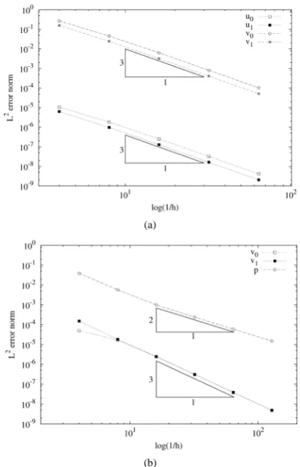 Figure 4. Error convergence plots for the two-field elasticity formulation (a) and Navier-Stokes formulation (b)