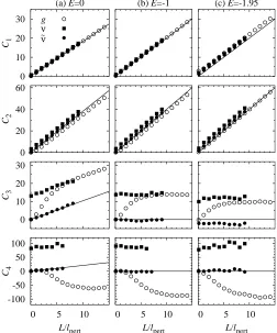 Fig. 1. Cumulants300 in all cases (see Eq. (4)). The lines are analytical weak-disorder predictions of the asymptotic linear behaviorc(left panels),Eare obtained by a numerical simulation of the one-dimensionalAnderson model with onsite disorder, forto wea