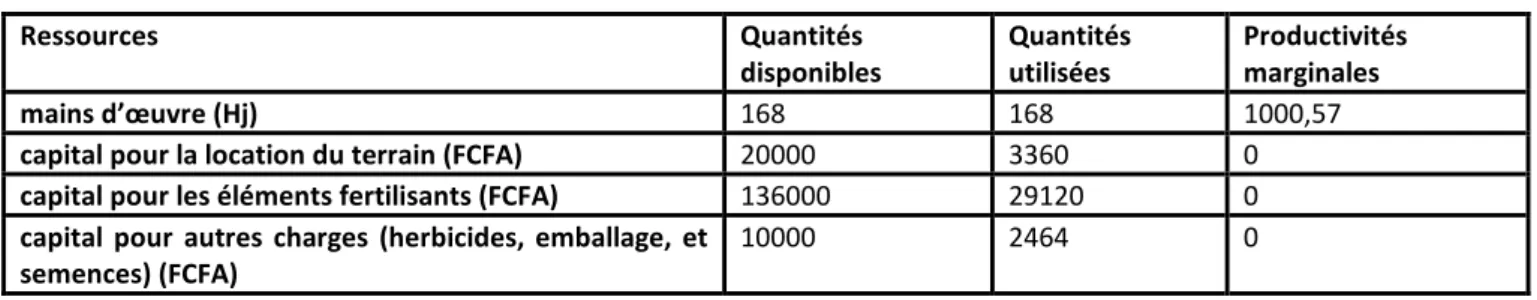 Tableau 4.  évaluation des valeurs économiques des maximums physiques par formulation et par zone d’essai sur une surface de  0,25 ha  Ressources  Quantités  disponibles  Quantités utilisées  Productivités marginales  mains d’œuvre (Hj)  168  168  1000,57 