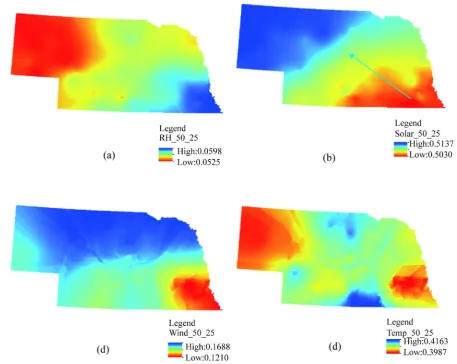 Figure 8. The spatial sensitivity index of ET using Penman-Monteith method for (a) relative humidity, (b) solar radiation, (c) wind speed, and (d) temperature